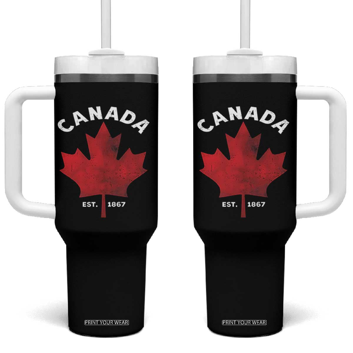 Funny Proud Canadian Canada EST 1867 Tumbler With Handle Vintage Maple Leaf TS11 One Size: 40 oz Black Print Your Wear