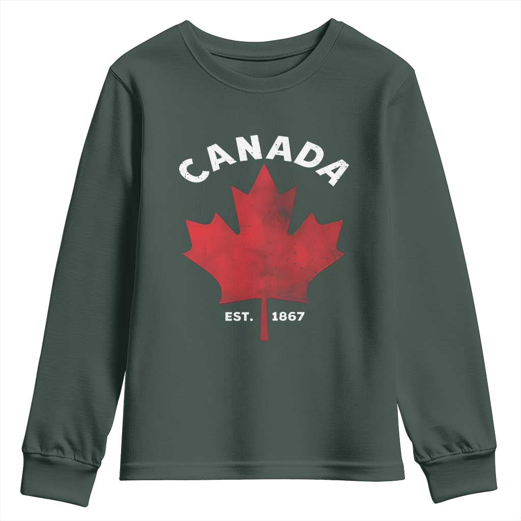 Funny Proud Canadian Canada EST 1867 Youth Sweatshirt Vintage Maple Leaf TS11 Dark Forest Green Print Your Wear