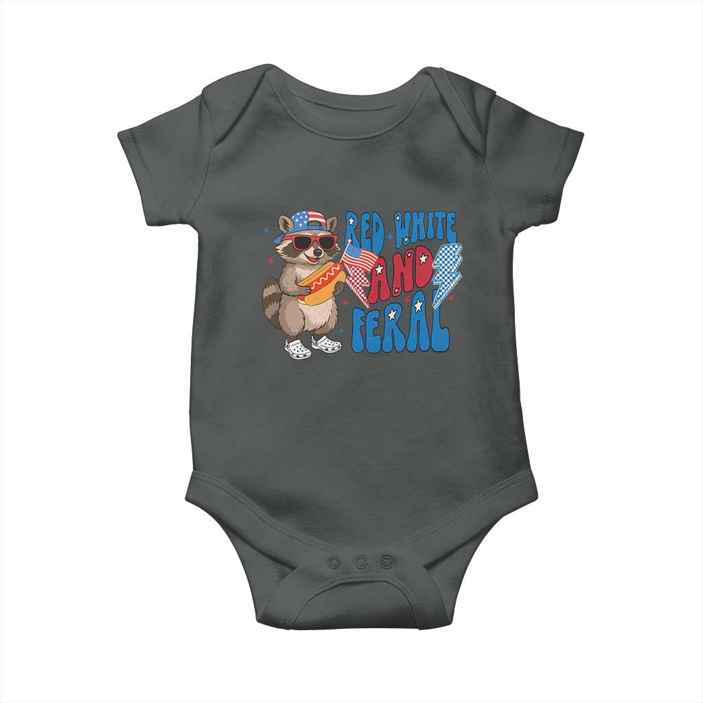 Funny Raccoon 4th of July Baby Onesie Red White and Feral Patriotic TS10 Dark Heather Print Your Wear