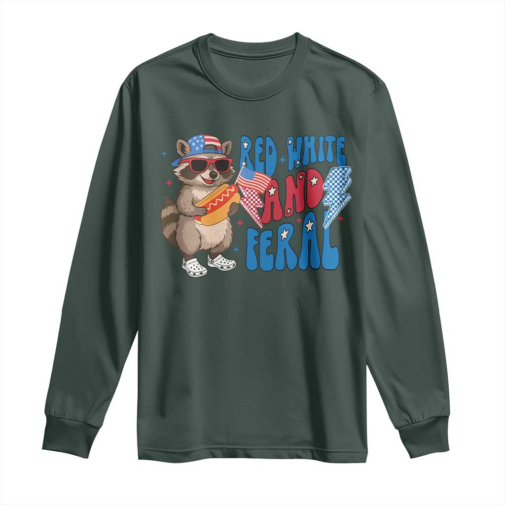 Funny Raccoon 4th of July Long Sleeve Shirt Red White and Feral Patriotic TS10 Dark Forest Green Print Your Wear
