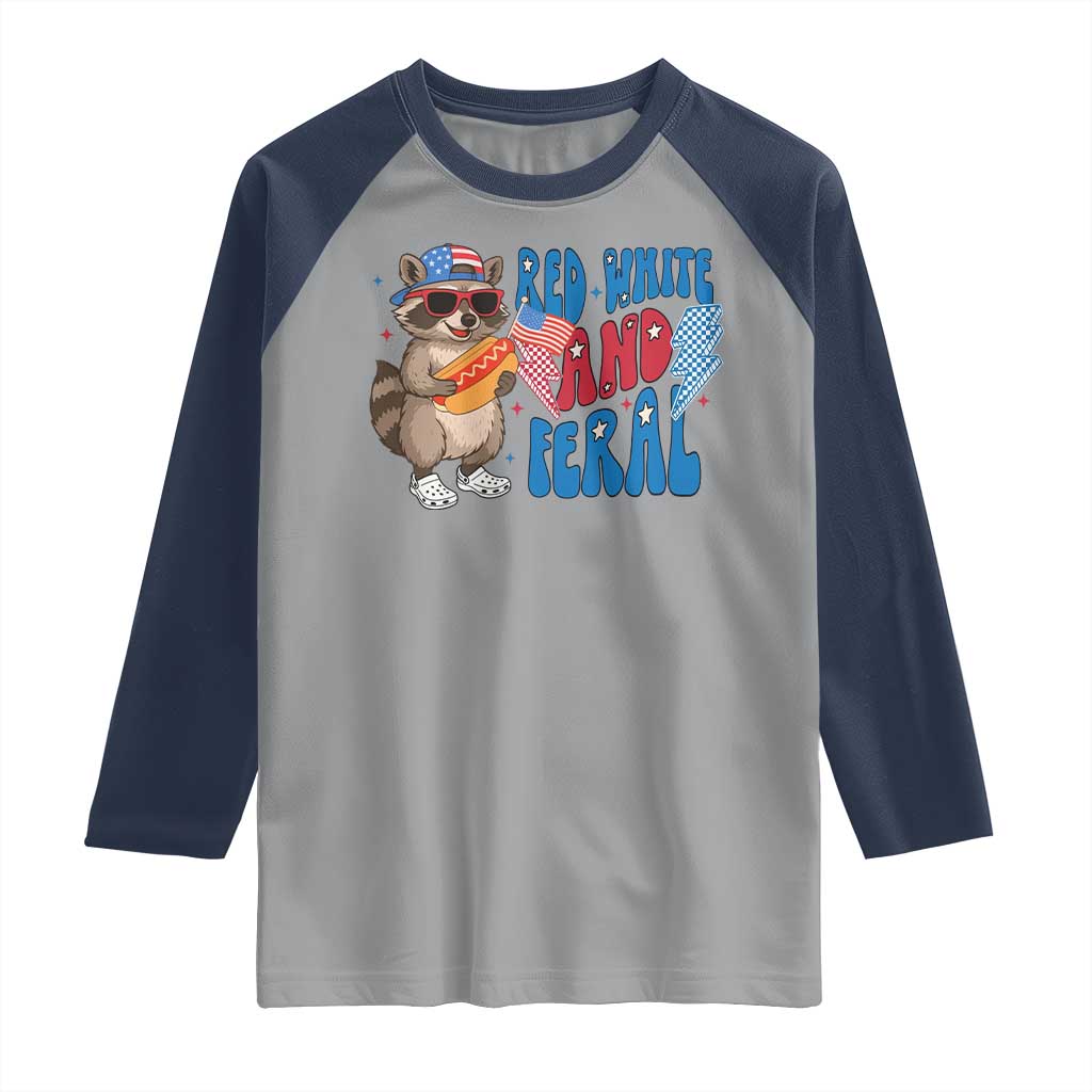 Funny Raccoon 4th of July Raglan Shirt Red White and Feral Patriotic TS10 Sport Gray Navy Print Your Wear