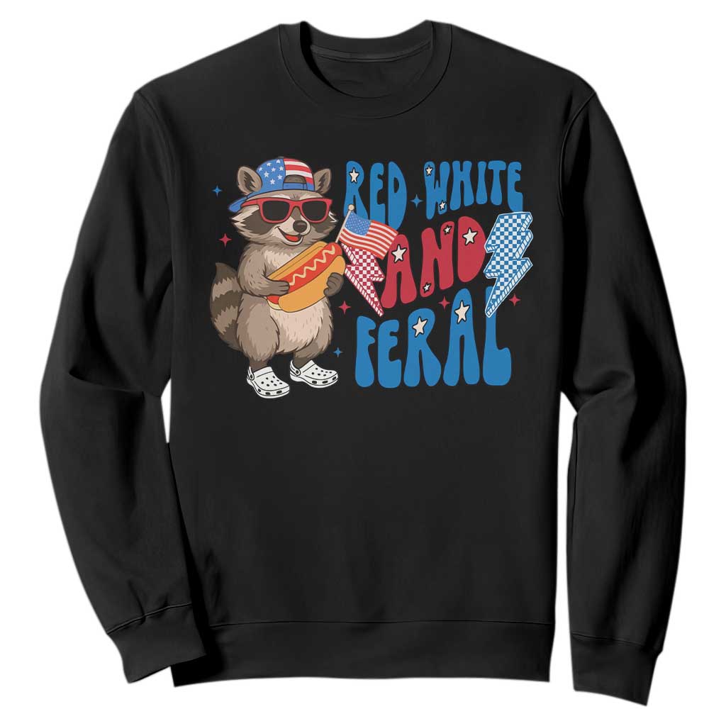Funny Raccoon 4th of July Sweatshirt Red White and Feral Patriotic TS10 Black Print Your Wear