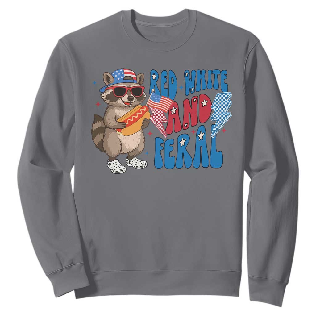Funny Raccoon 4th of July Sweatshirt Red White and Feral Patriotic TS10 Charcoal Print Your Wear