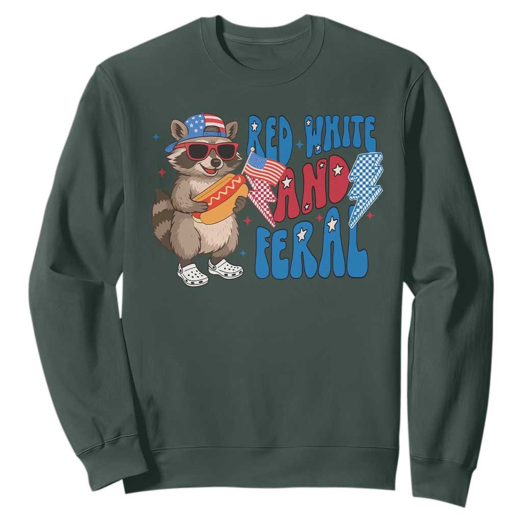 Funny Raccoon 4th of July Sweatshirt Red White and Feral Patriotic TS10 Dark Forest Green Print Your Wear