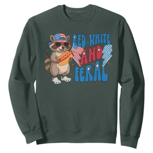 Funny Raccoon 4th of July Sweatshirt Red White and Feral Patriotic TS10 Dark Forest Green Print Your Wear