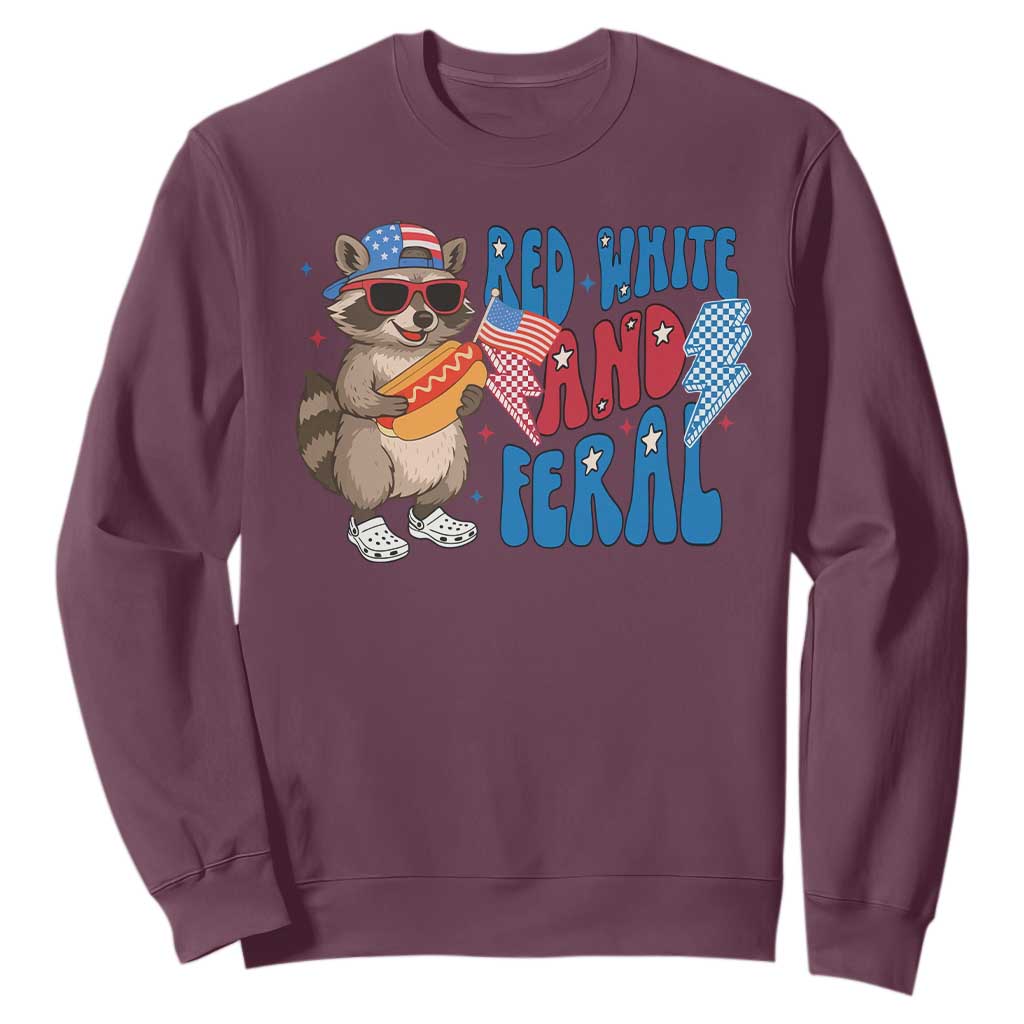 Funny Raccoon 4th of July Sweatshirt Red White and Feral Patriotic TS10 Maroon Print Your Wear