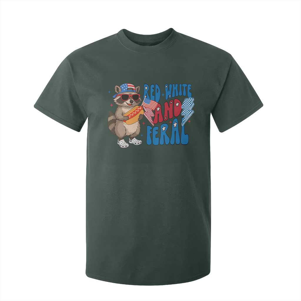 Funny Raccoon 4th of July T Shirt For Kid Red White and Feral Patriotic TS10 Dark Forest Green Print Your Wear