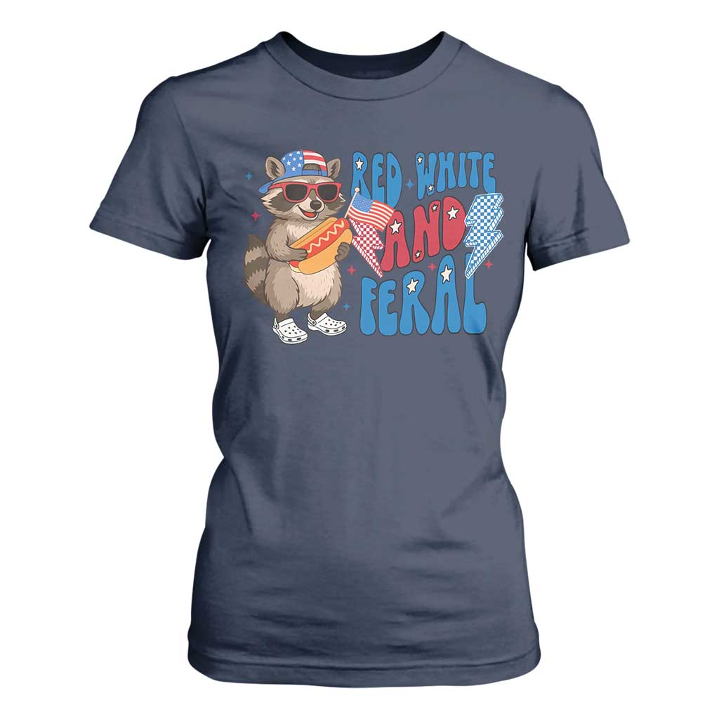 Funny Raccoon 4th of July T Shirt For Women Red White and Feral Patriotic TS10 Navy Print Your Wear