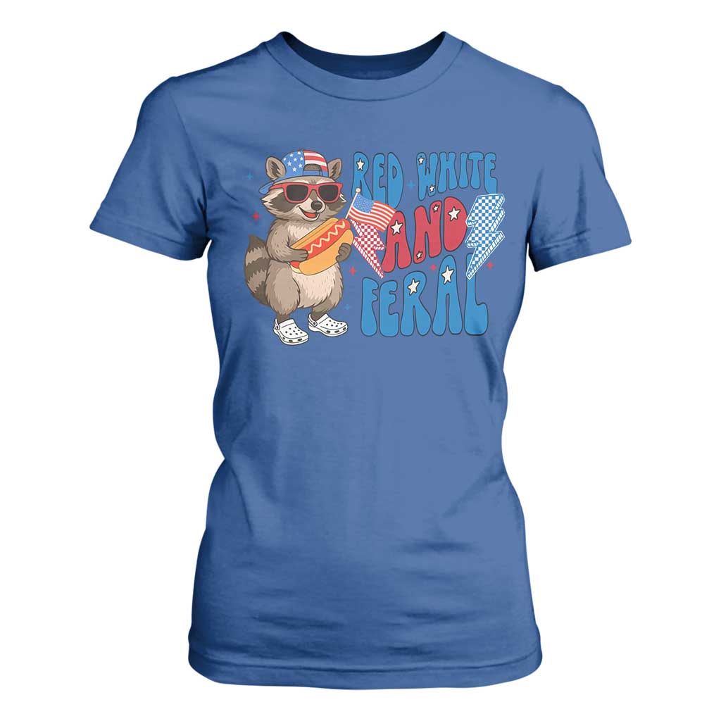 Funny Raccoon 4th of July T Shirt For Women Red White and Feral Patriotic TS10 Royal Blue Print Your Wear