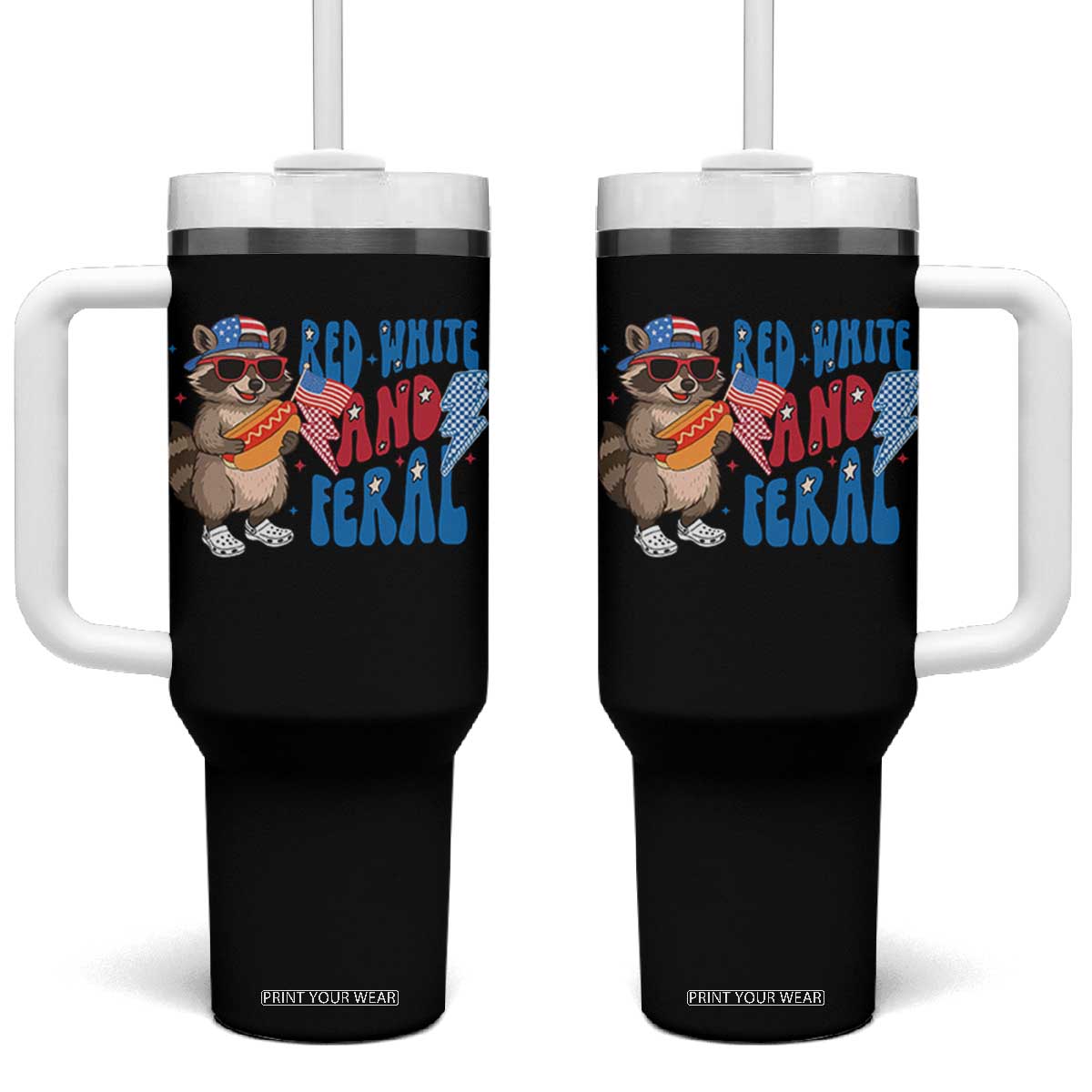 Funny Raccoon 4th of July Tumbler With Handle Red White and Feral Patriotic TS10 One Size: 40 oz Black Print Your Wear