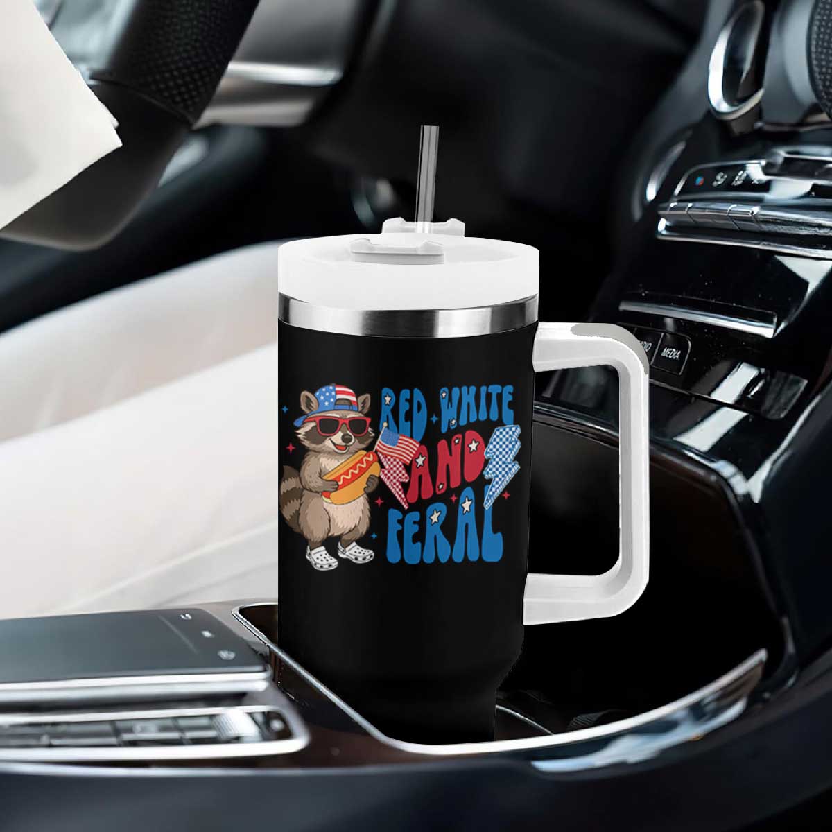 Funny Raccoon 4th of July Tumbler With Handle Red White and Feral Patriotic TS10 Print Your Wear