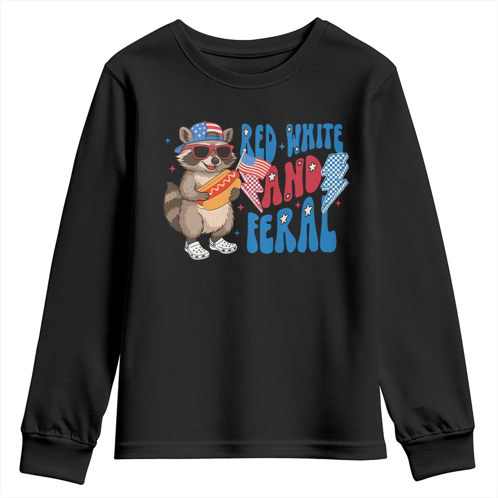 Funny Raccoon 4th of July Youth Sweatshirt Red White and Feral Patriotic TS10 Black Print Your Wear