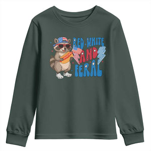 Funny Raccoon 4th of July Youth Sweatshirt Red White and Feral Patriotic TS10 Dark Forest Green Print Your Wear