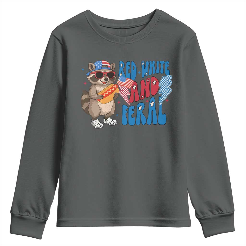 Funny Raccoon 4th of July Youth Sweatshirt Red White and Feral Patriotic TS10 Dark Heather Print Your Wear