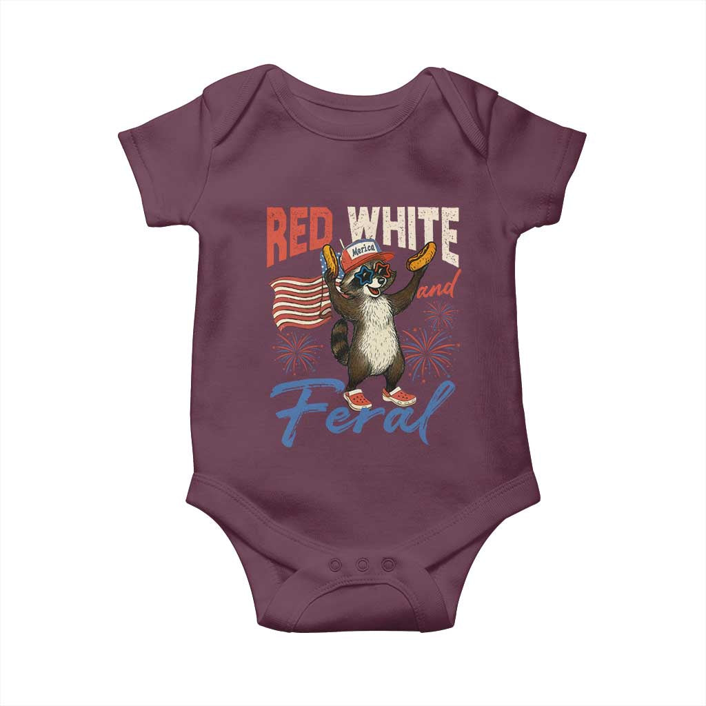 Funny Raccoon July 4th Baby Onesie Red White and Feral Patriotic Trash Panda TS10 Maroon Print Your Wear