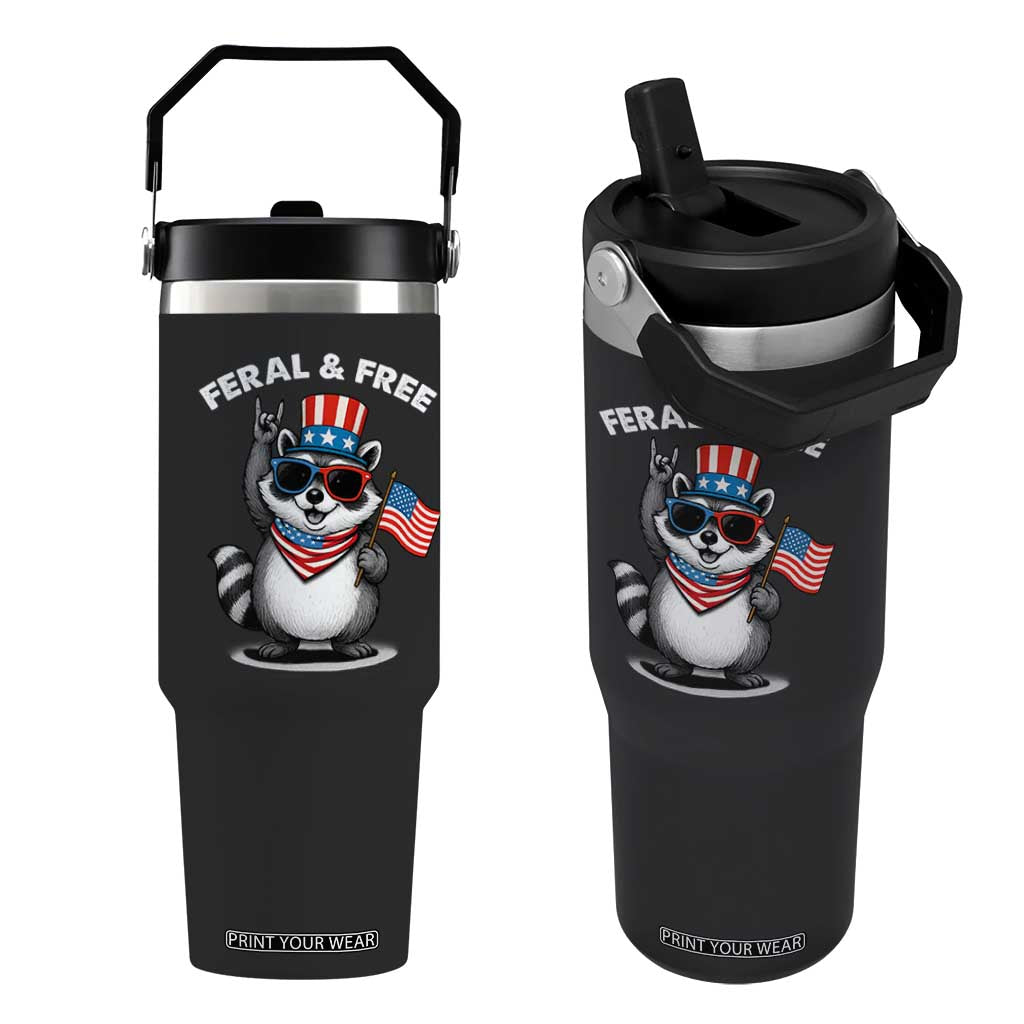 Funny Raccoon July 4th Flip Straw Tumbler Patriotic Trash Panda Feral But Free TS10 One Size: 30 oz Black Print Your Wear