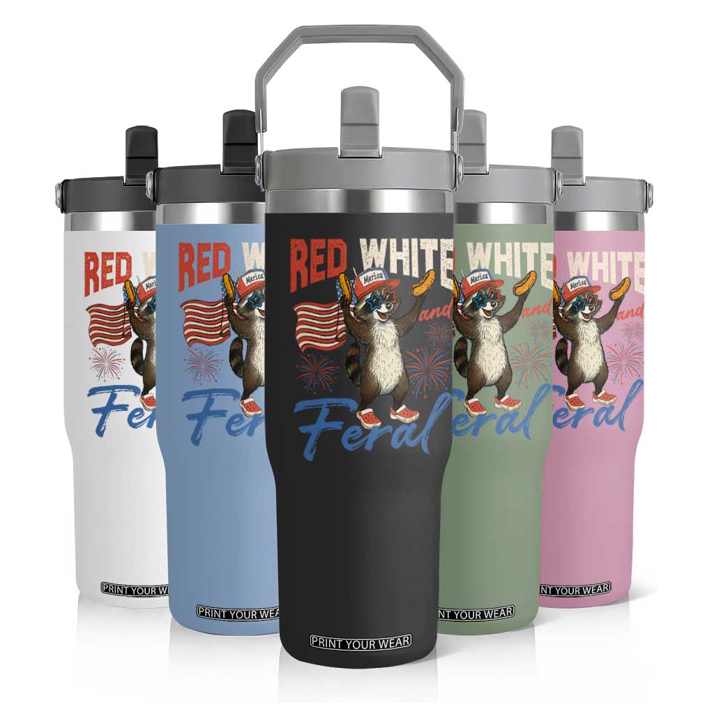 Funny Raccoon July 4th Flip Straw Tumbler Red White and Feral Patriotic Trash Panda TS10 Print Your Wear