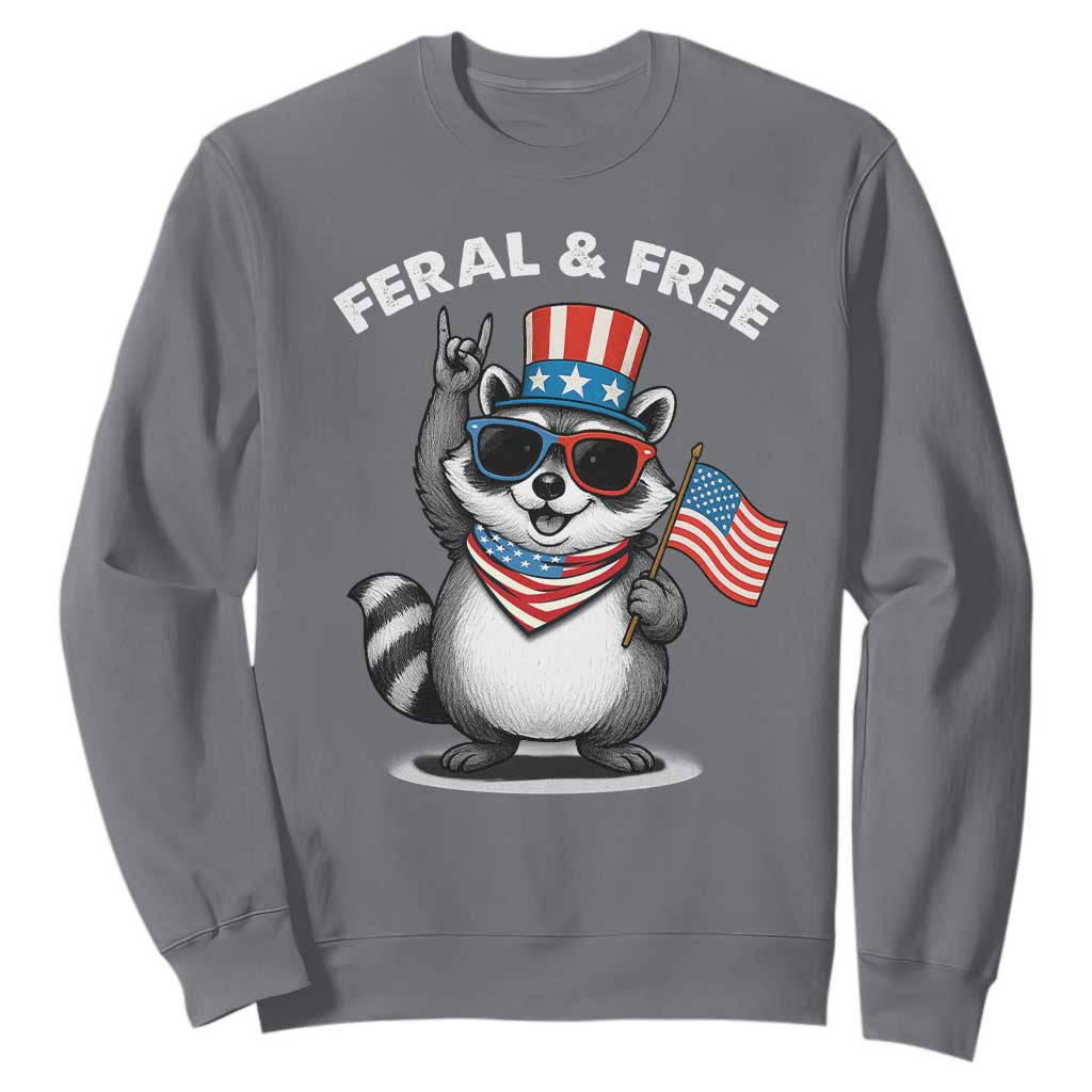 Funny Raccoon July 4th Sweatshirt Patriotic Trash Panda Feral But Free TS10 Charcoal Print Your Wear