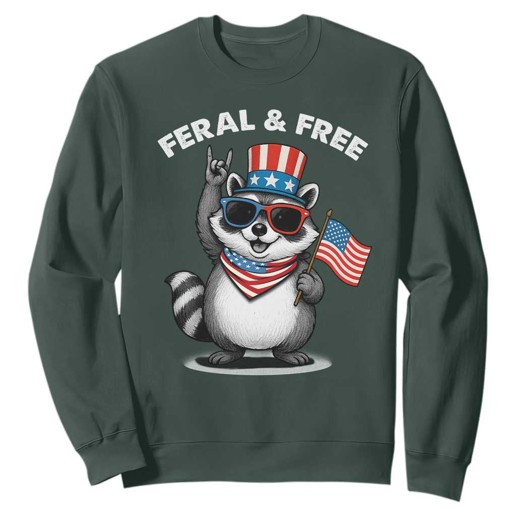 Funny Raccoon July 4th Sweatshirt Patriotic Trash Panda Feral But Free TS10 Dark Forest Green Print Your Wear