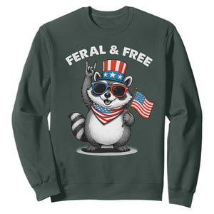 Funny Raccoon July 4th Sweatshirt Patriotic Trash Panda Feral But Free TS10 Dark Forest Green Print Your Wear