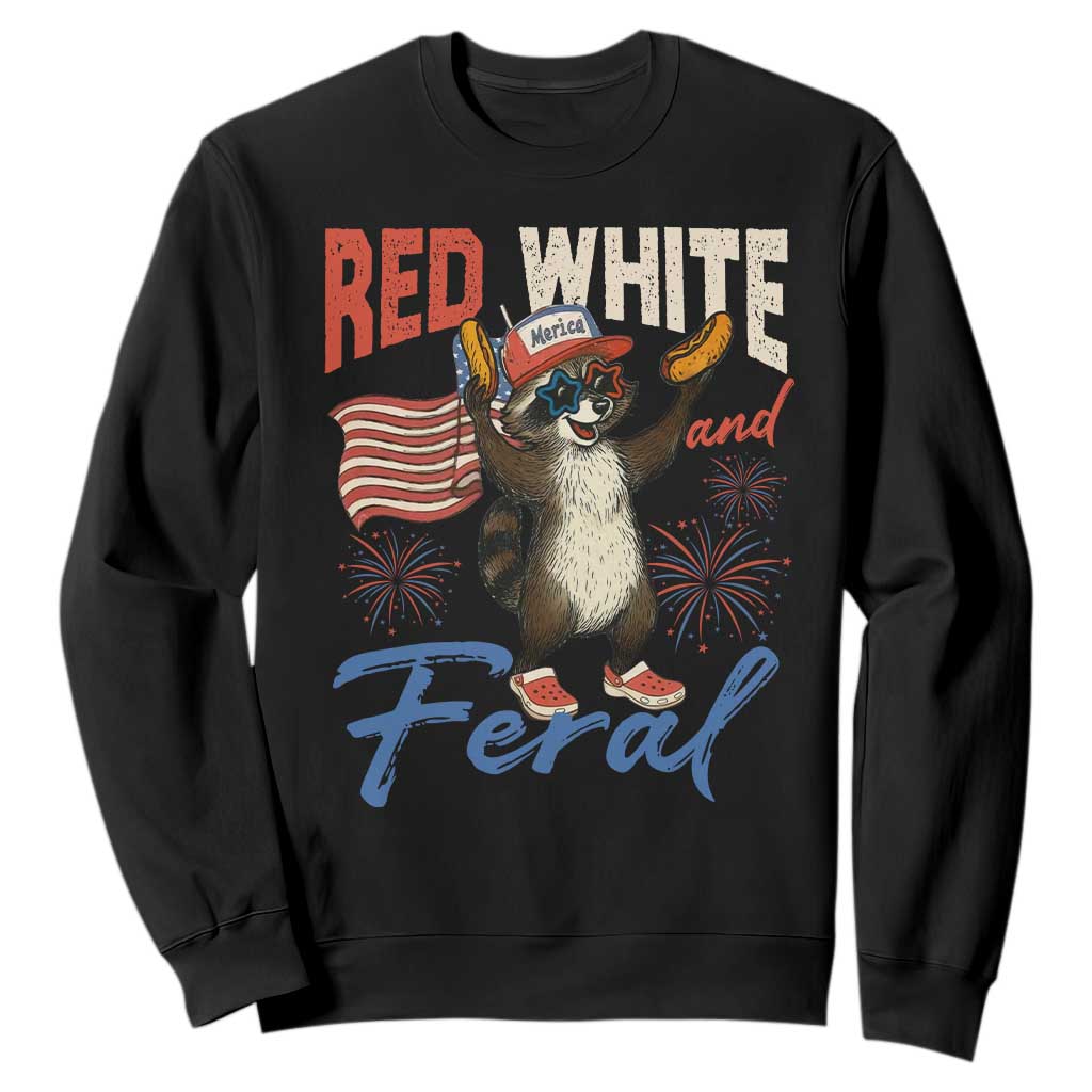 Funny Raccoon July 4th Sweatshirt Red White and Feral Patriotic Trash Panda TS10 Black Print Your Wear
