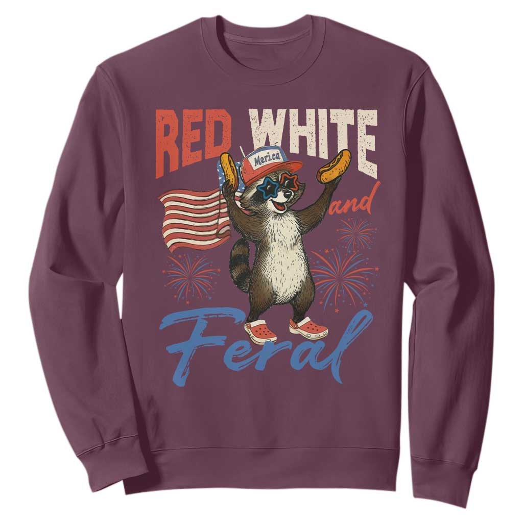 Funny Raccoon July 4th Sweatshirt Red White and Feral Patriotic Trash Panda TS10 Maroon Print Your Wear