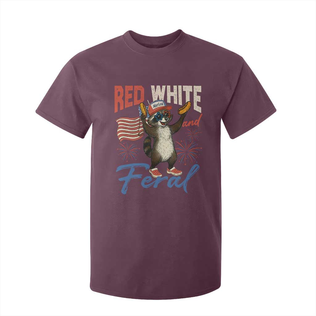 Funny Raccoon July 4th T Shirt For Kid Red White and Feral Patriotic Trash Panda TS10 Maroon Print Your Wear