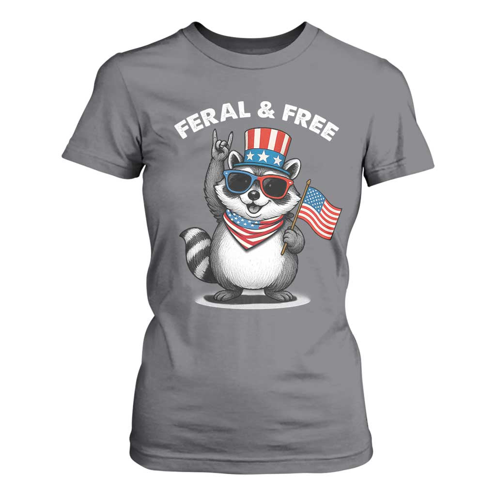 Funny Raccoon July 4th T Shirt For Women Patriotic Trash Panda Feral But Free TS10 Charcoal Print Your Wear