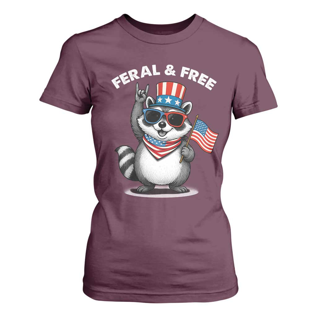 Funny Raccoon July 4th T Shirt For Women Patriotic Trash Panda Feral But Free TS10 Maroon Print Your Wear