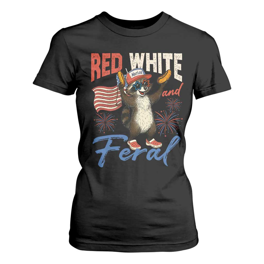 Funny Raccoon July 4th T Shirt For Women Red White and Feral Patriotic Trash Panda TS10 Black Print Your Wear