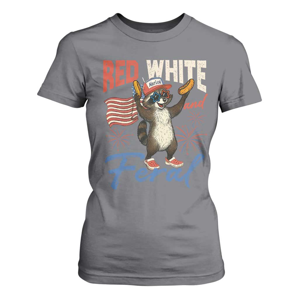 Funny Raccoon July 4th T Shirt For Women Red White and Feral Patriotic Trash Panda TS10 Charcoal Print Your Wear