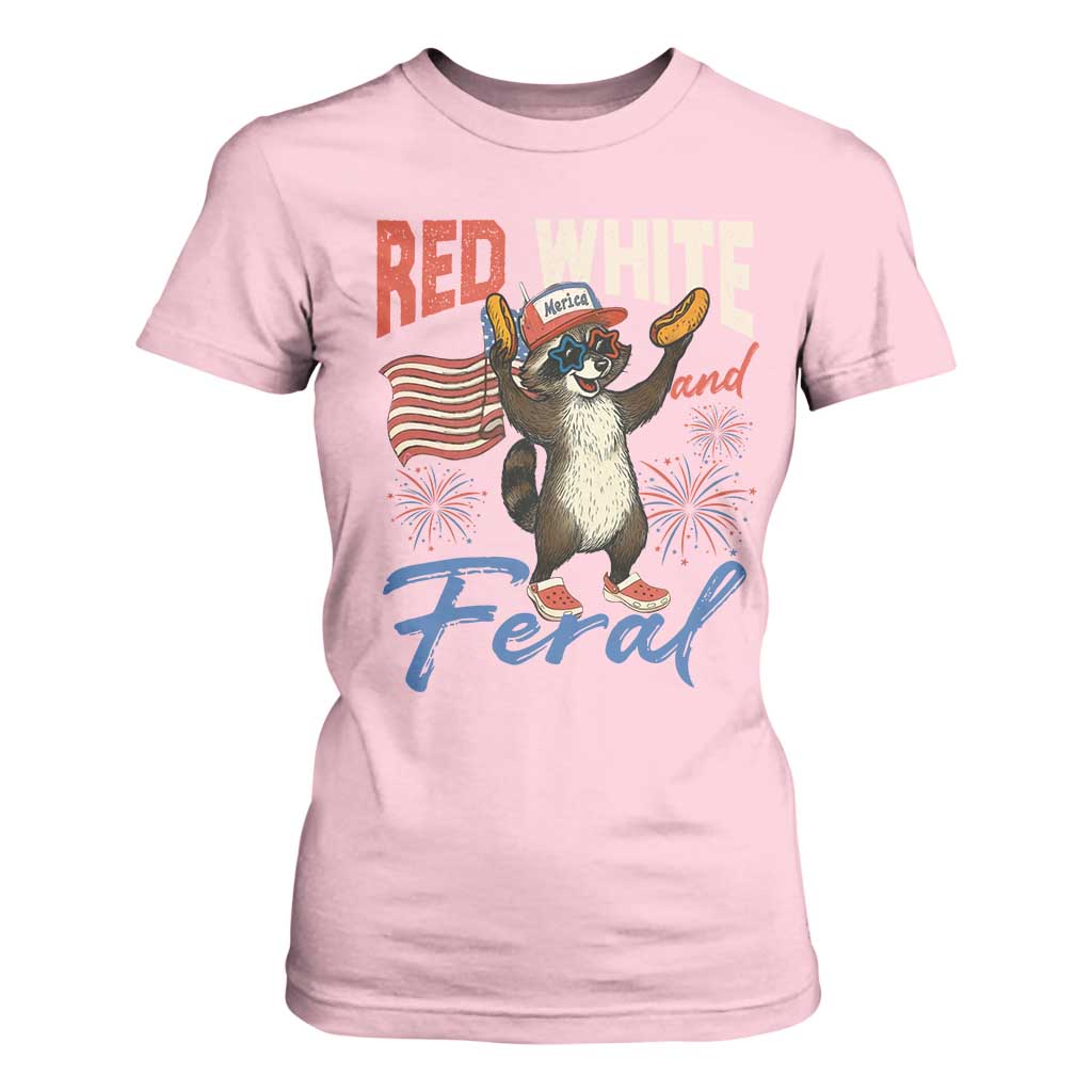 Funny Raccoon July 4th T Shirt For Women Red White and Feral Patriotic Trash Panda TS10 Light Pink Print Your Wear