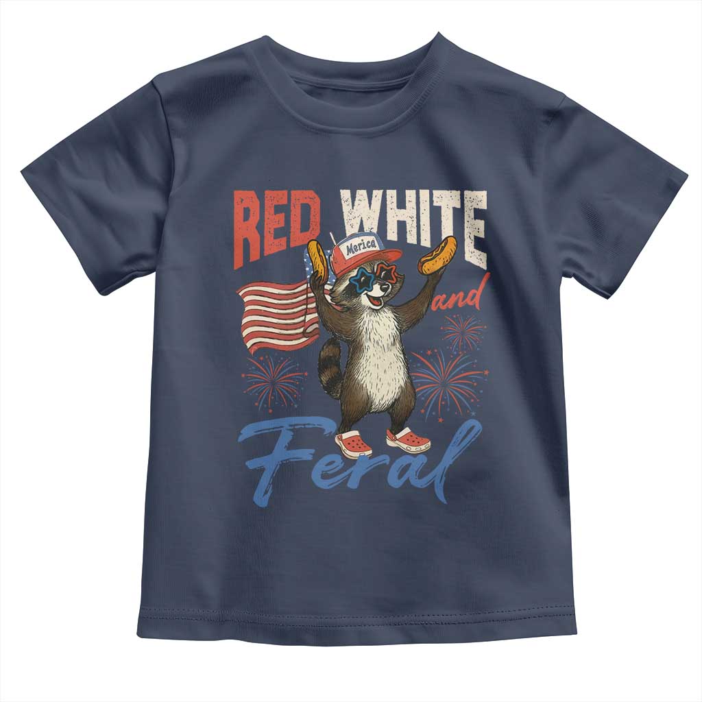 Funny Raccoon July 4th Toddler T Shirt Red White and Feral Patriotic Trash Panda TS10 Navy Print Your Wear