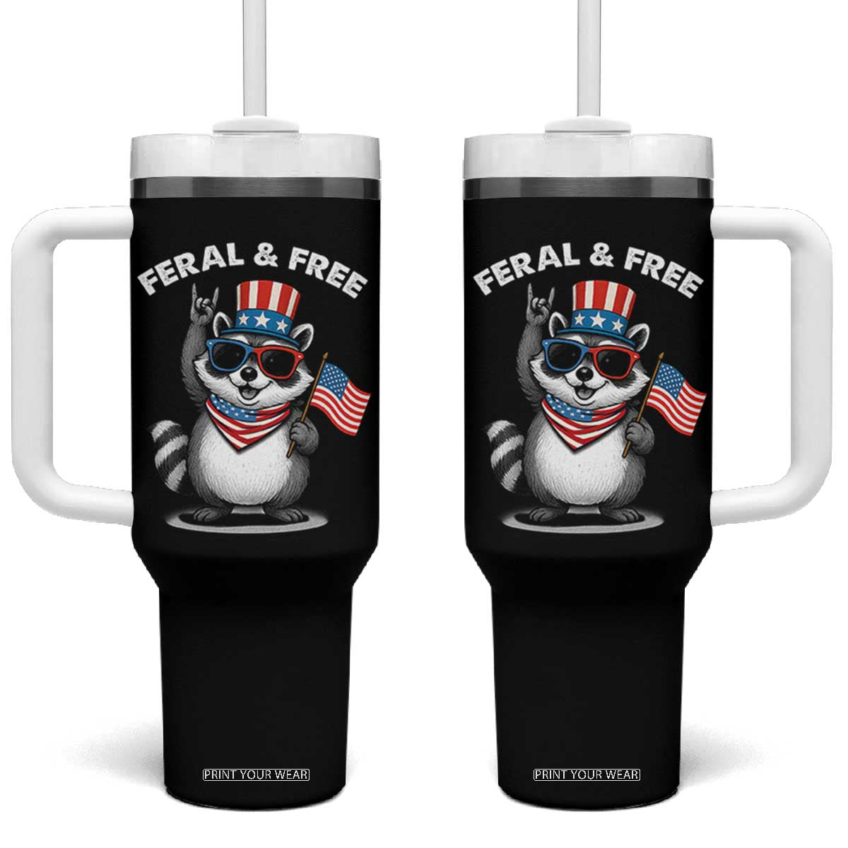 Funny Raccoon July 4th Tumbler With Handle Patriotic Trash Panda Feral But Free TS10 One Size: 40 oz Black Print Your Wear