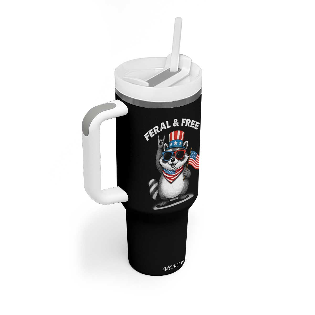Funny Raccoon July 4th Tumbler With Handle Patriotic Trash Panda Feral But Free TS10 Print Your Wear