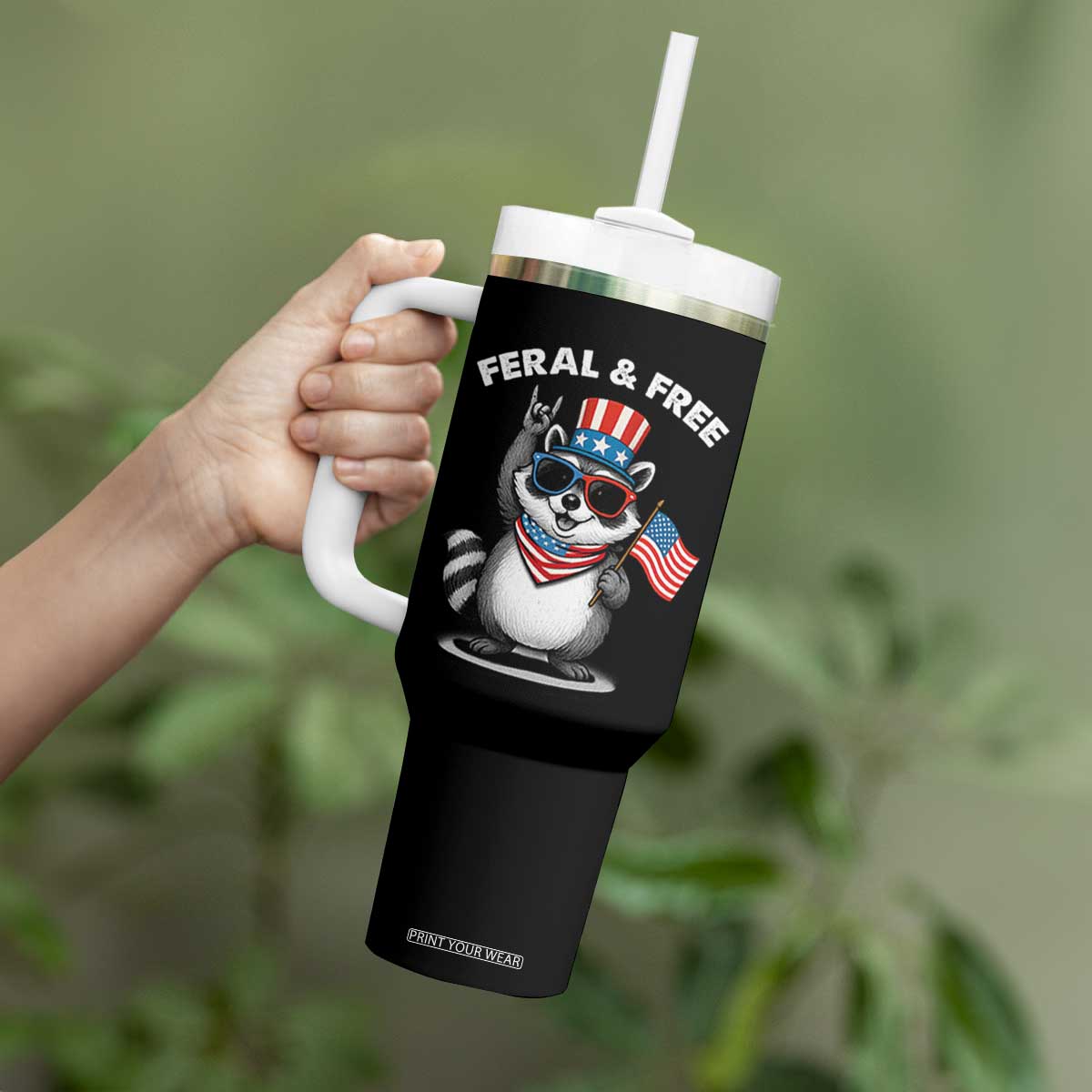 Funny Raccoon July 4th Tumbler With Handle Patriotic Trash Panda Feral But Free TS10 Print Your Wear