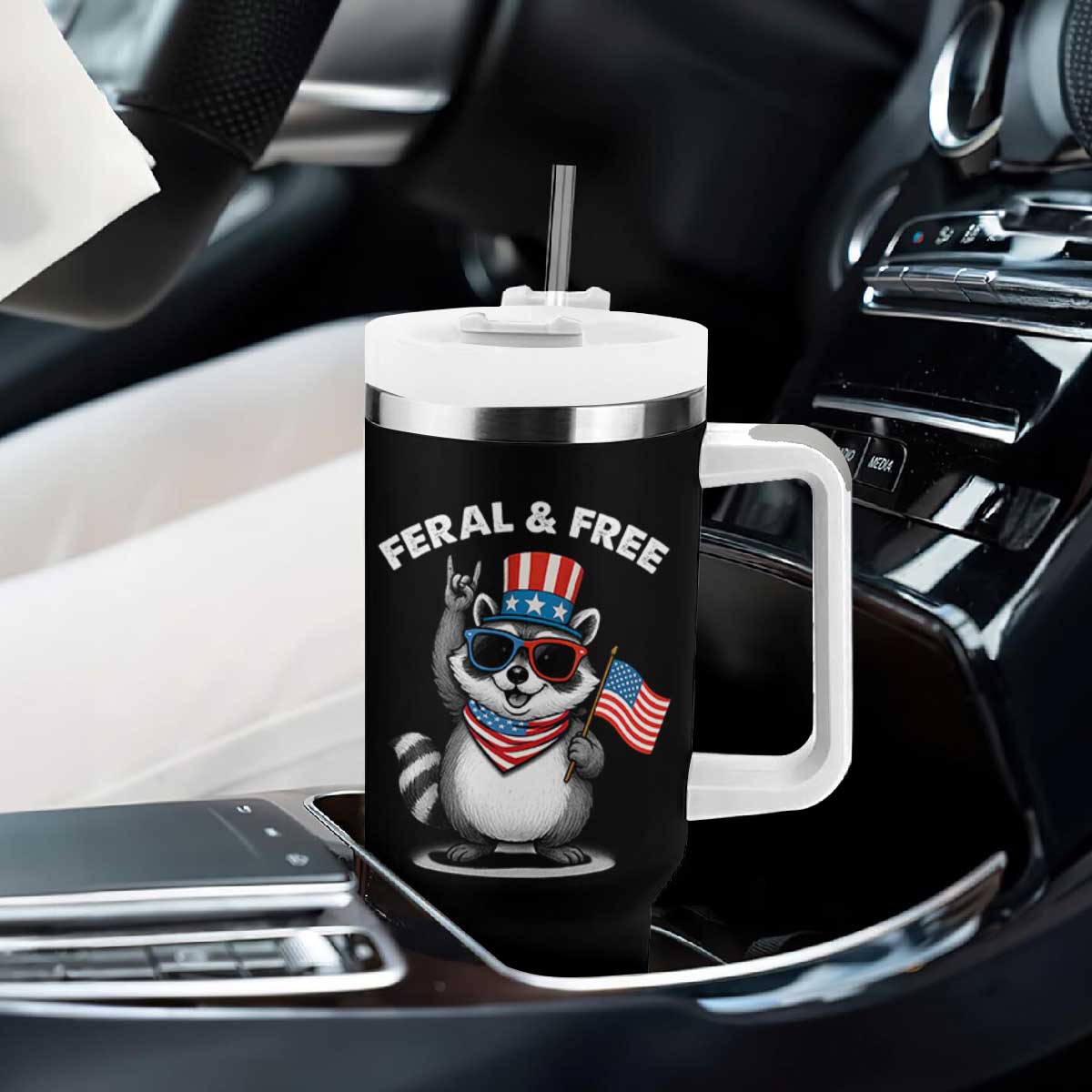 Funny Raccoon July 4th Tumbler With Handle Patriotic Trash Panda Feral But Free TS10 Print Your Wear
