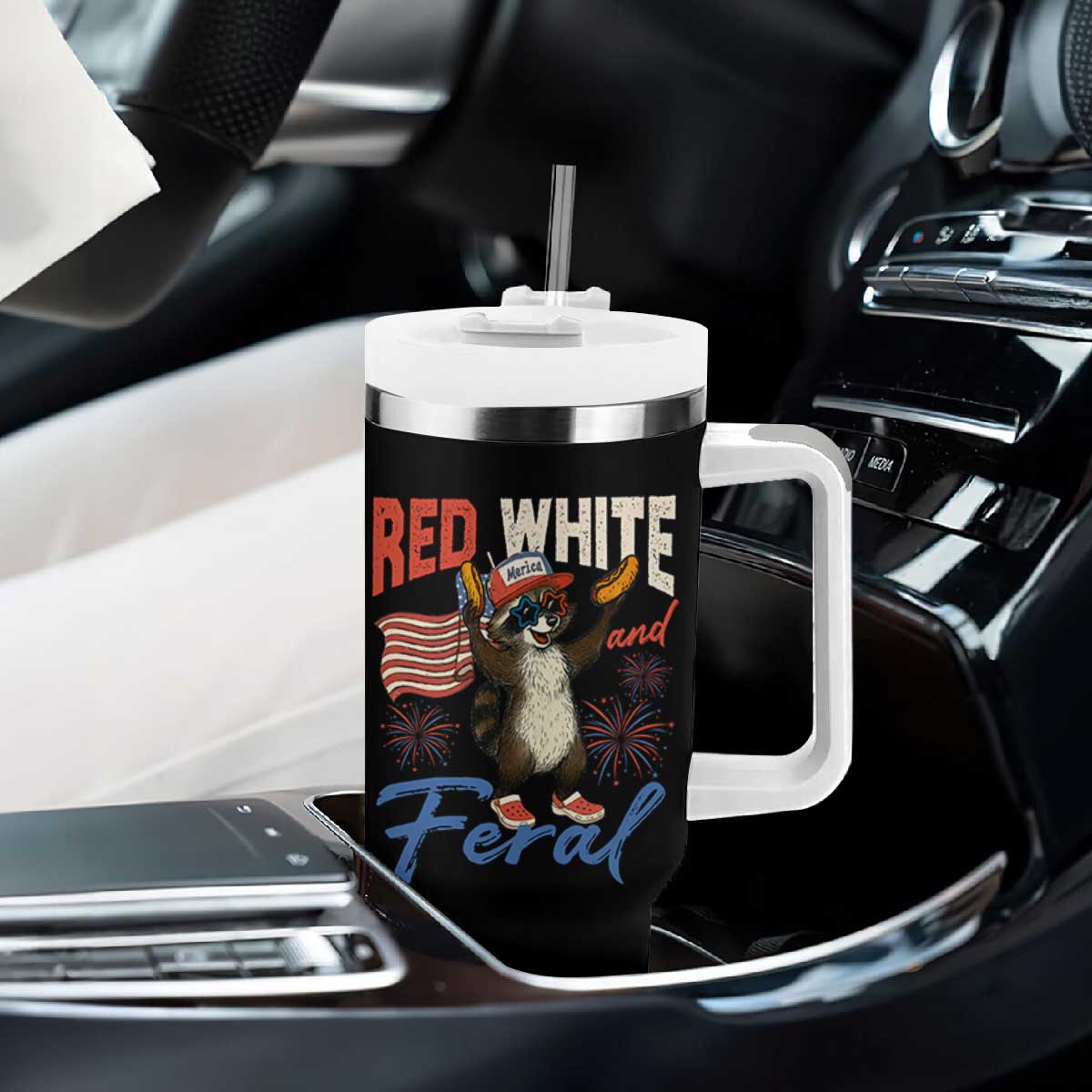 Funny Raccoon July 4th Tumbler With Handle Red White and Feral Patriotic Trash Panda TS10 Print Your Wear