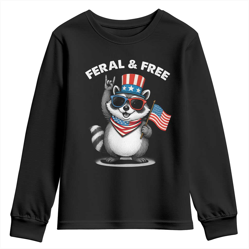 Funny Raccoon July 4th Youth Sweatshirt Patriotic Trash Panda Feral But Free TS10 Black Print Your Wear