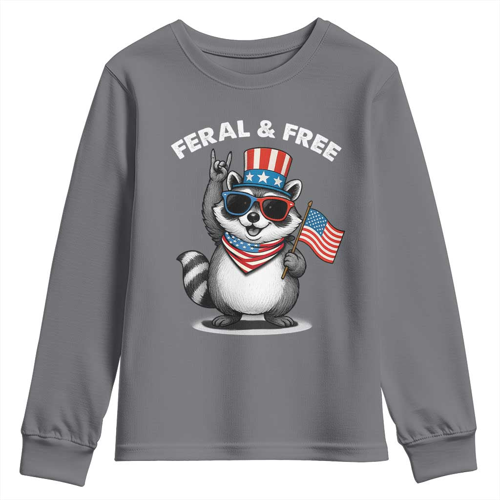 Funny Raccoon July 4th Youth Sweatshirt Patriotic Trash Panda Feral But Free TS10 Charcoal Print Your Wear