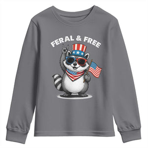 Funny Raccoon July 4th Youth Sweatshirt Patriotic Trash Panda Feral But Free TS10 Charcoal Print Your Wear