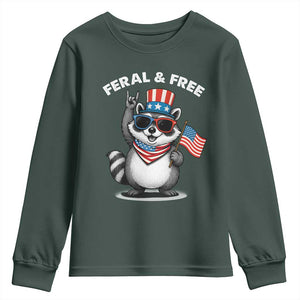Funny Raccoon July 4th Youth Sweatshirt Patriotic Trash Panda Feral But Free TS10 Dark Forest Green Print Your Wear