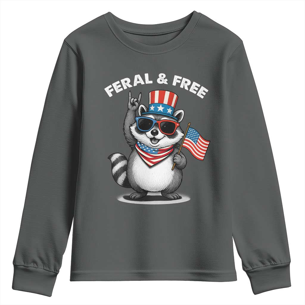 Funny Raccoon July 4th Youth Sweatshirt Patriotic Trash Panda Feral But Free TS10 Dark Heather Print Your Wear