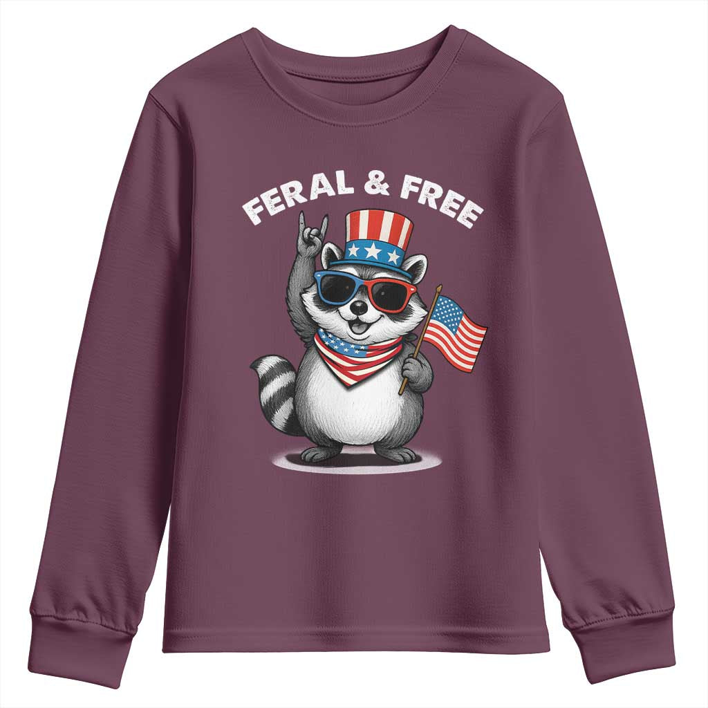Funny Raccoon July 4th Youth Sweatshirt Patriotic Trash Panda Feral But Free TS10 Maroon Print Your Wear