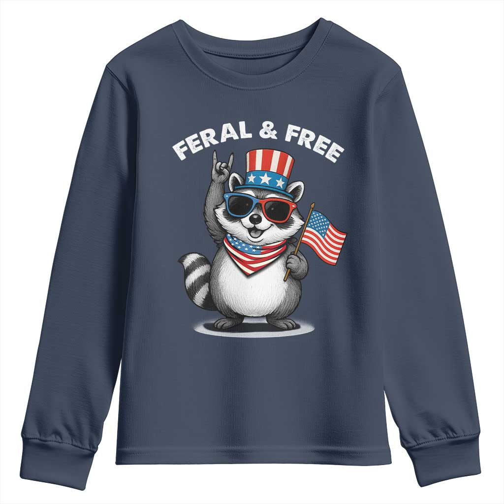 Funny Raccoon July 4th Youth Sweatshirt Patriotic Trash Panda Feral But Free TS10 Navy Print Your Wear