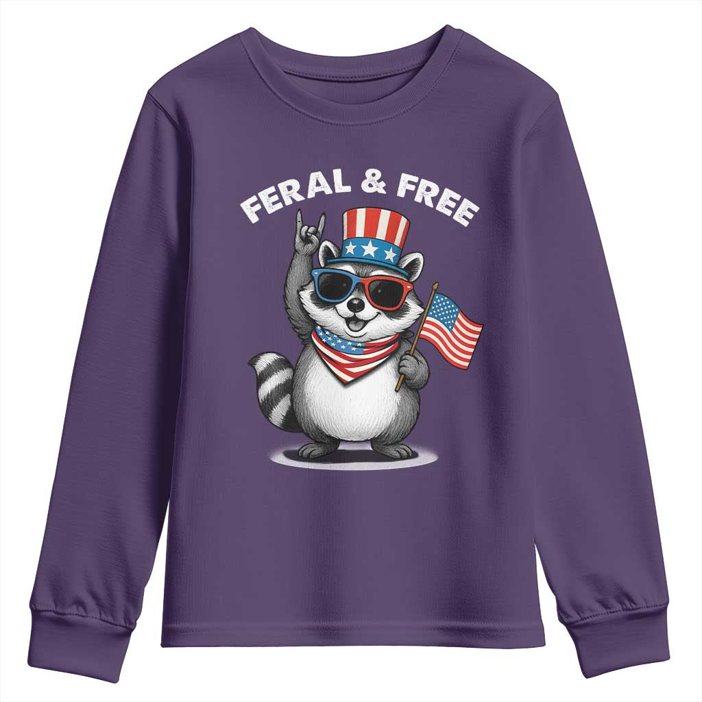 Funny Raccoon July 4th Youth Sweatshirt Patriotic Trash Panda Feral But Free TS10 Purple Print Your Wear