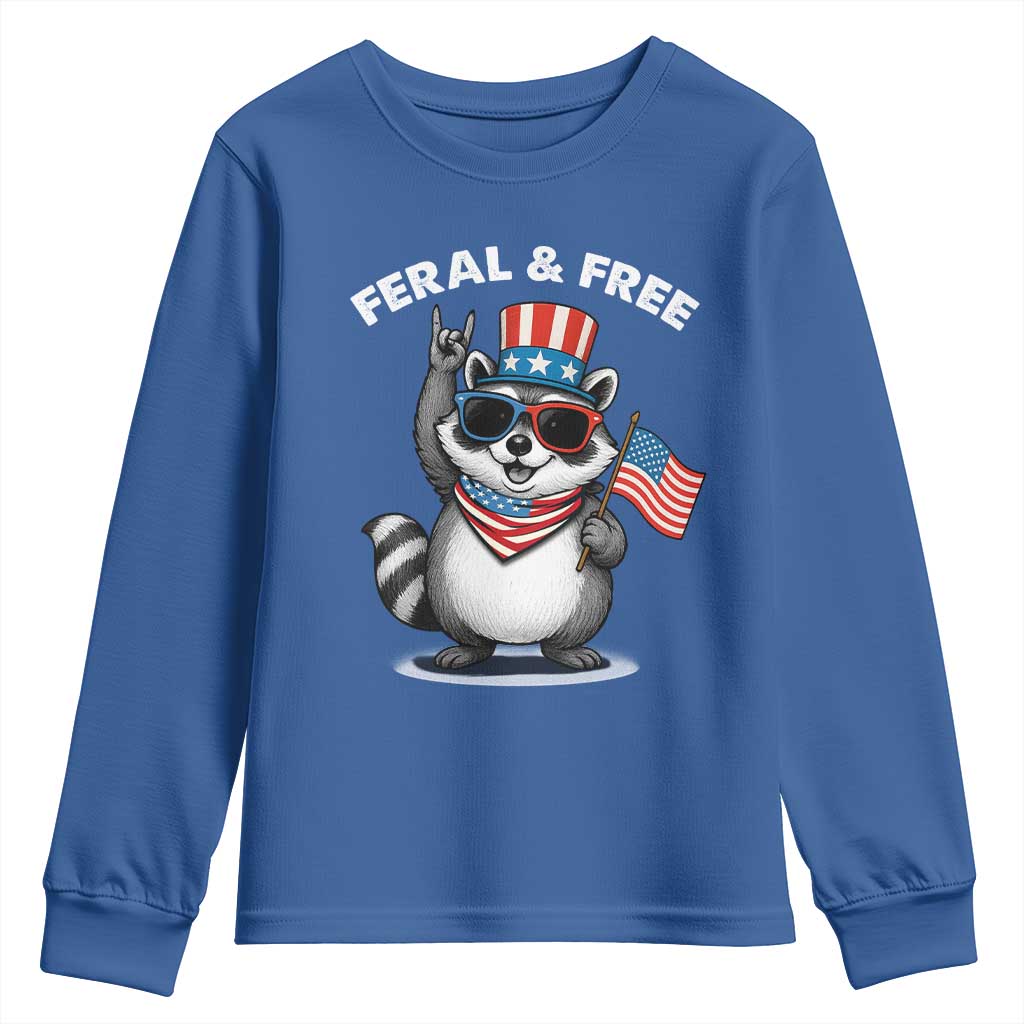 Funny Raccoon July 4th Youth Sweatshirt Patriotic Trash Panda Feral But Free TS10 Royal Blue Print Your Wear