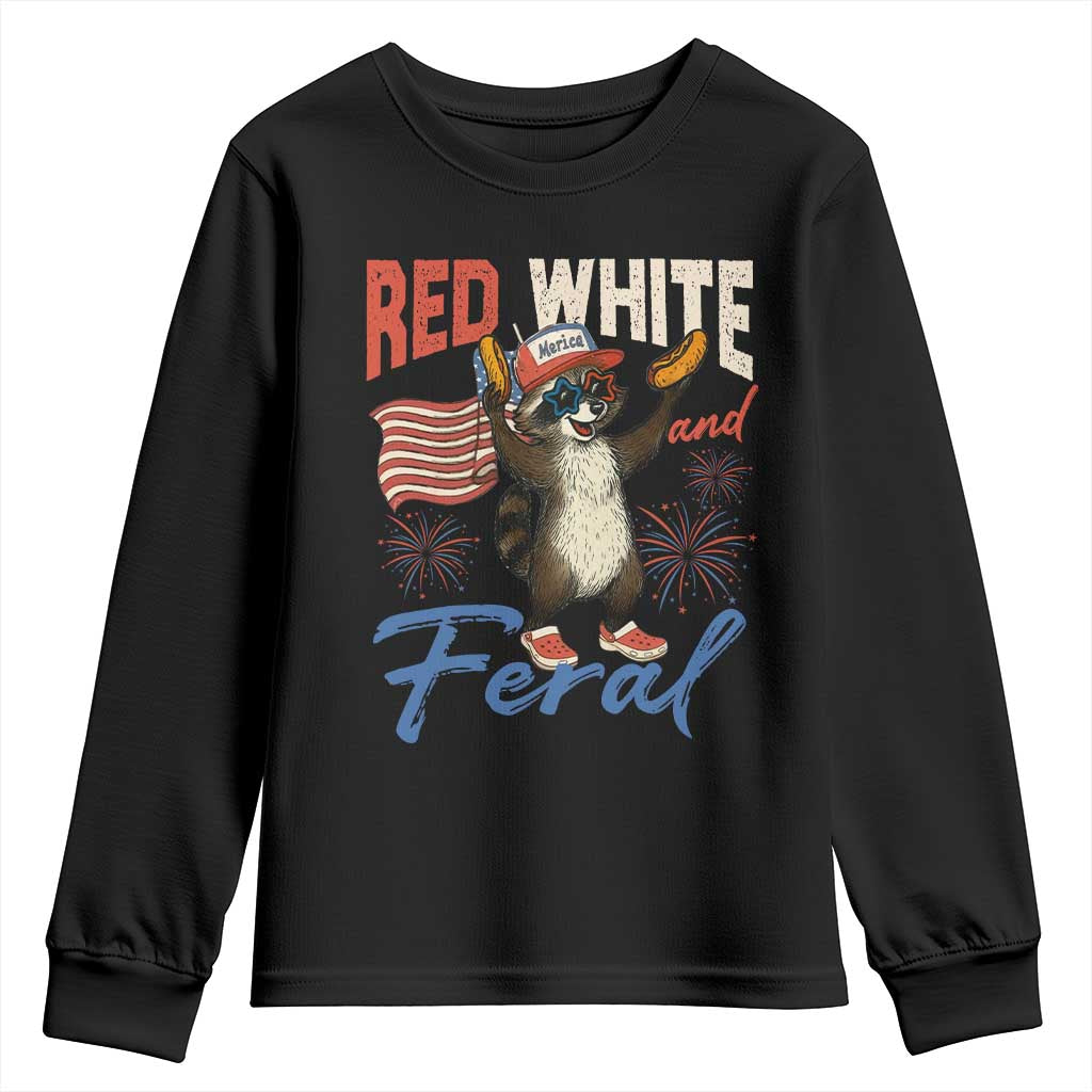 Funny Raccoon July 4th Youth Sweatshirt Red White and Feral Patriotic Trash Panda TS10 Black Print Your Wear