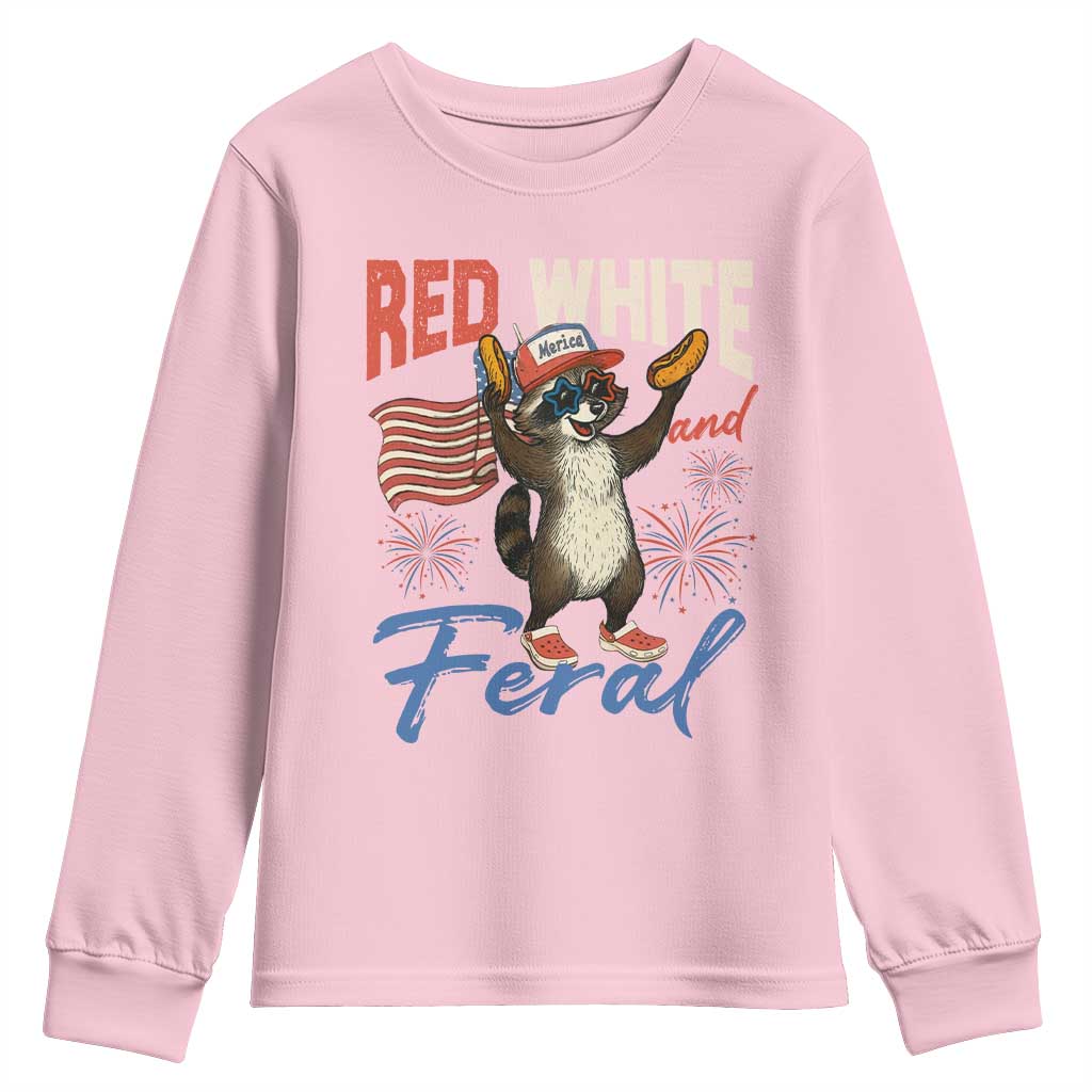 Funny Raccoon July 4th Youth Sweatshirt Red White and Feral Patriotic Trash Panda TS10 Light Pink Print Your Wear