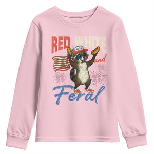 Funny Raccoon July 4th Youth Sweatshirt Red White and Feral Patriotic Trash Panda TS10 Light Pink Print Your Wear